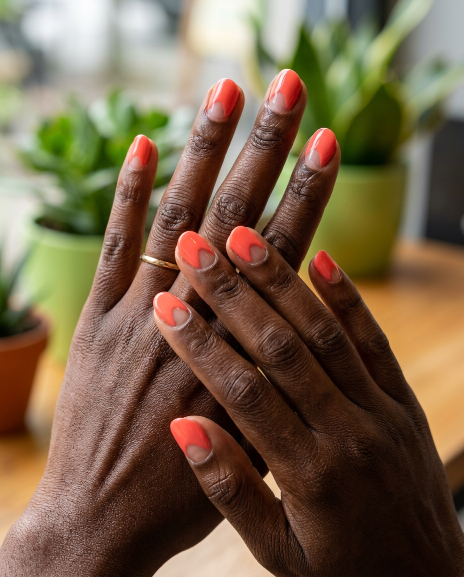 Energetic Coral Glossy Negative Space nails for dark skin, great for summer brunch 2026.