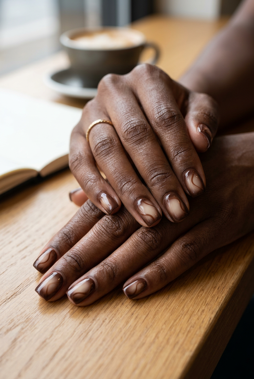 Short Summer Nails 2026: Chocolate brown, beige, cream aura swirls on short round nails. Bohemian chic daily wear.