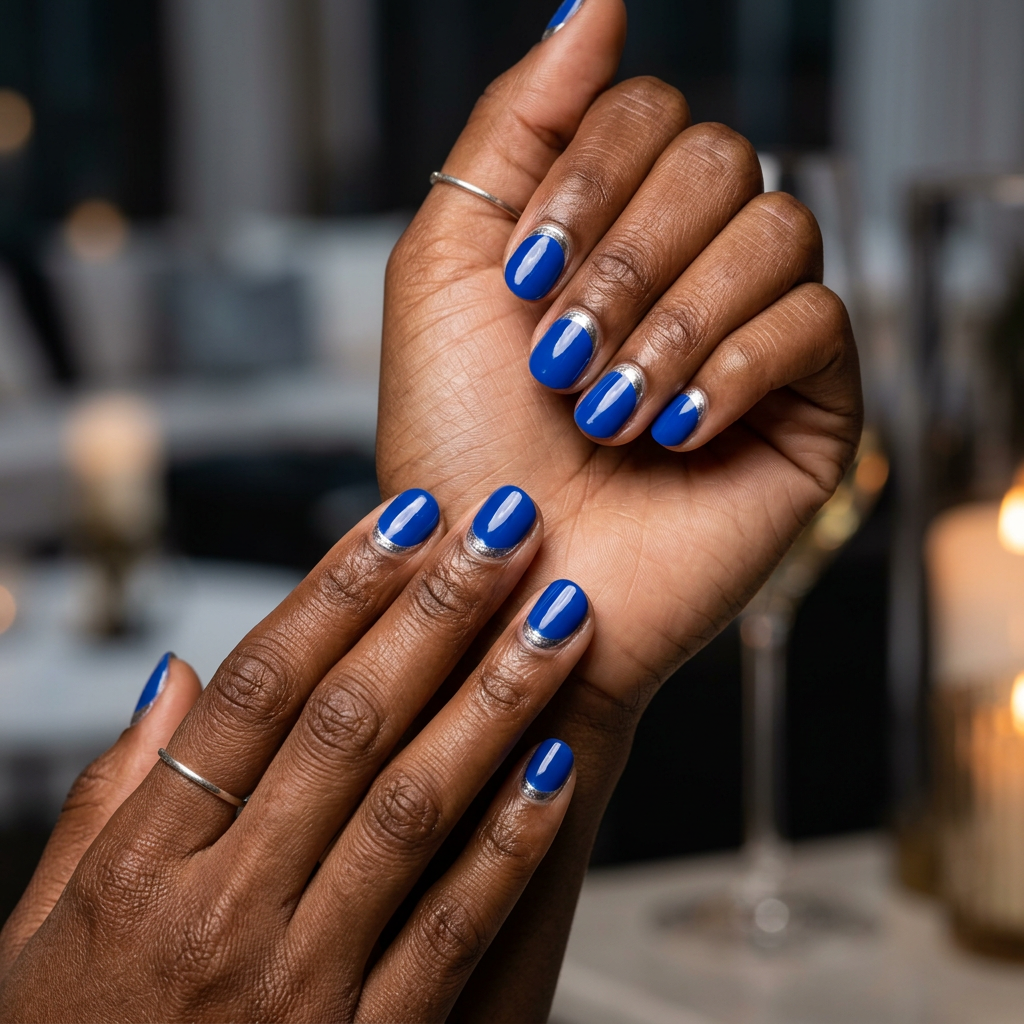 Short Summer Nails 2026: Vivid cobalt blue with silver chrome arc at cuticle on short almond nails. Party ready.