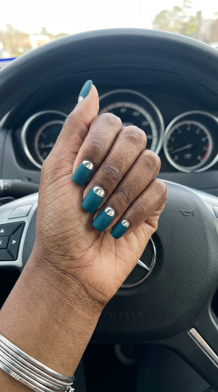 Glamorous Teal Velvet Half Moon nails for dark skin, perfect for formal events 2026.