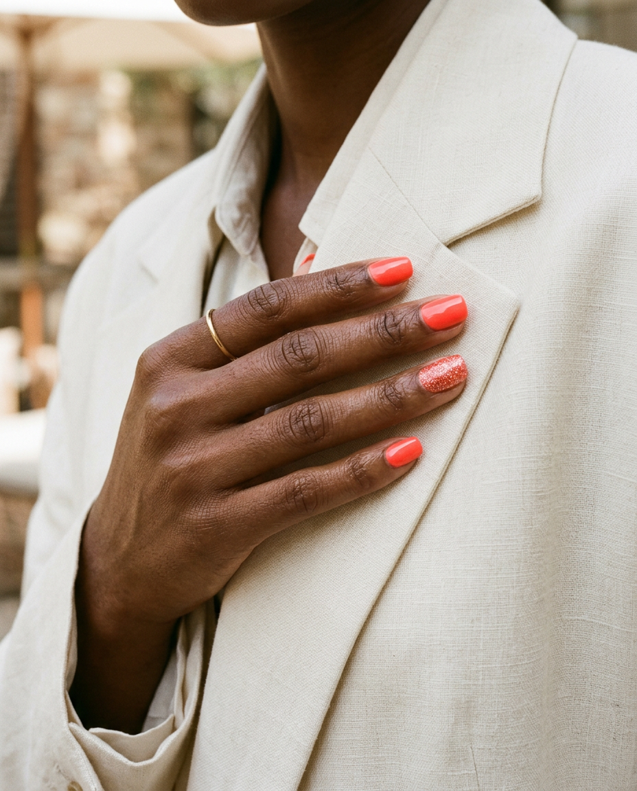 Short Summer Nails 2026: Bright coral with coral glitter accent nail on short squoval nails. Glamorous party look.