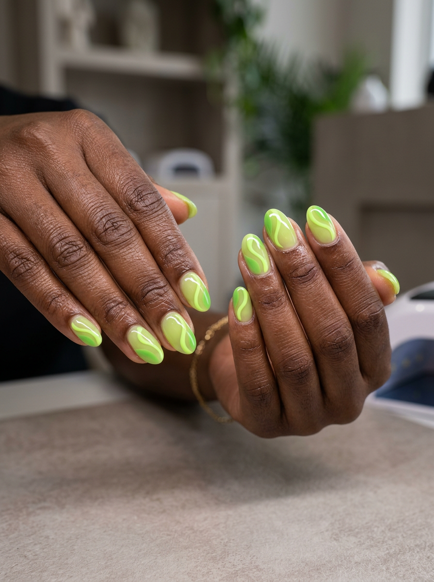 Short Summer Nails 2026: Lime green jelly with abstract swirls on short round nails. Playful festival style.