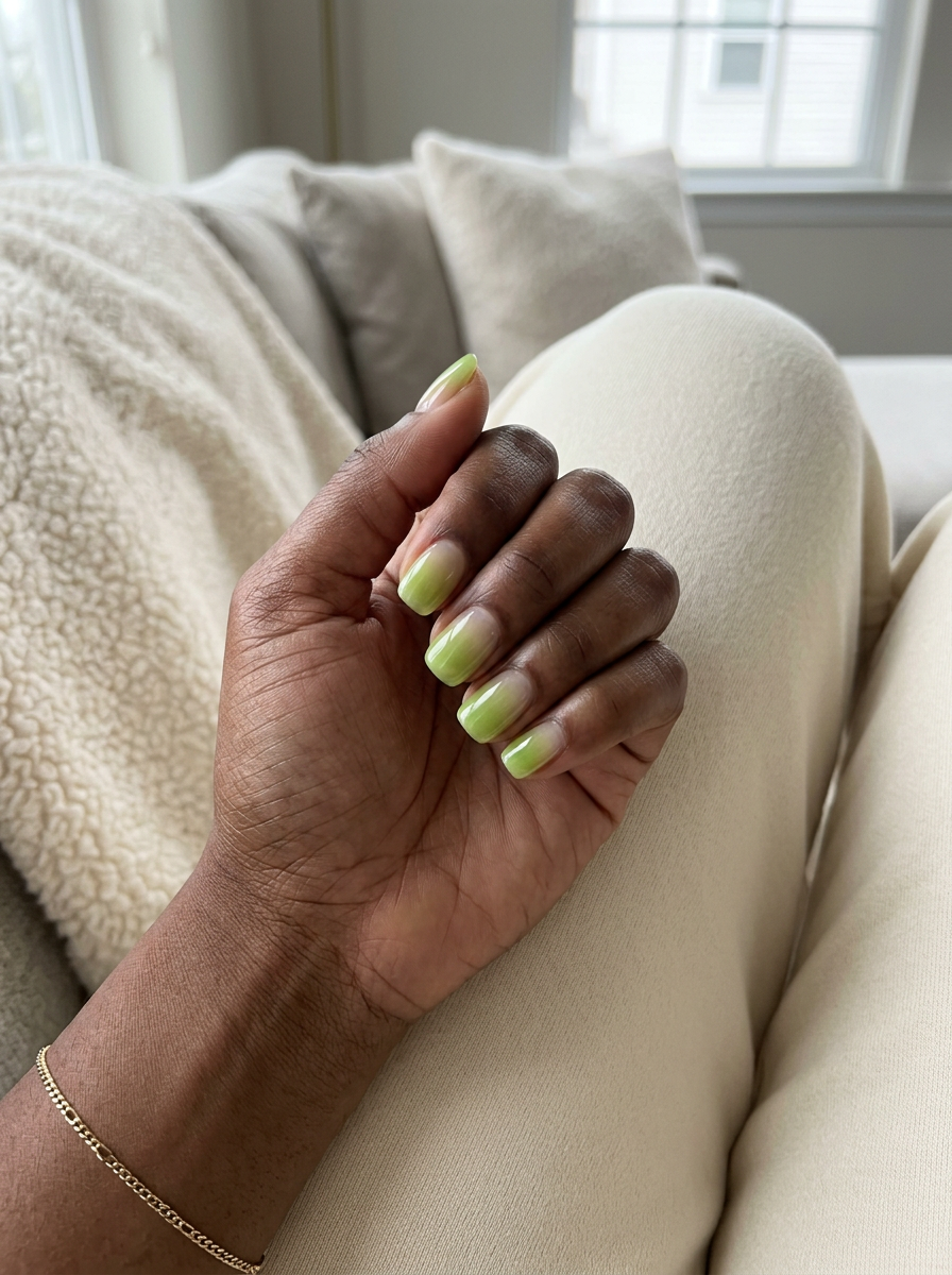 Short Summer Nails 2026: Sheer lime green fading to clear ombre on short squoval nails. Playful vacation style.