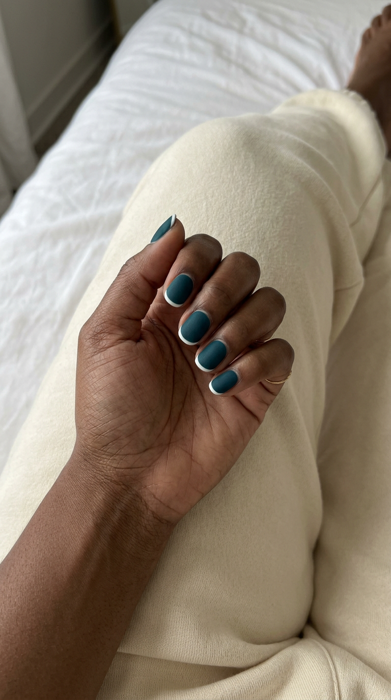 Velvet teal moon short nails for dark skin 2026. Sophisticated, mysterious design with deep teal velvet and white line accent.