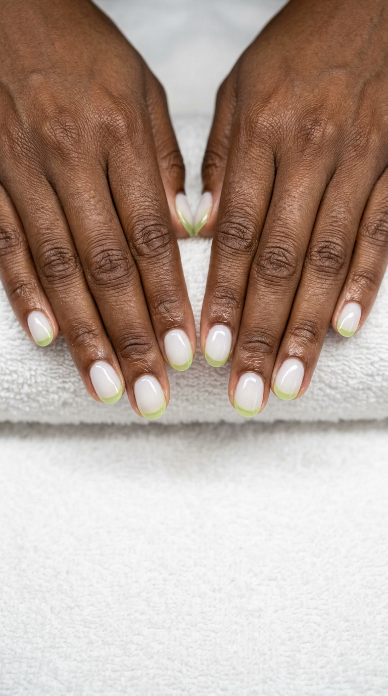 Pastel dew French short round nails for dark skin 2026. Romantic, fresh look with milky white base and sheer lime green tips.
