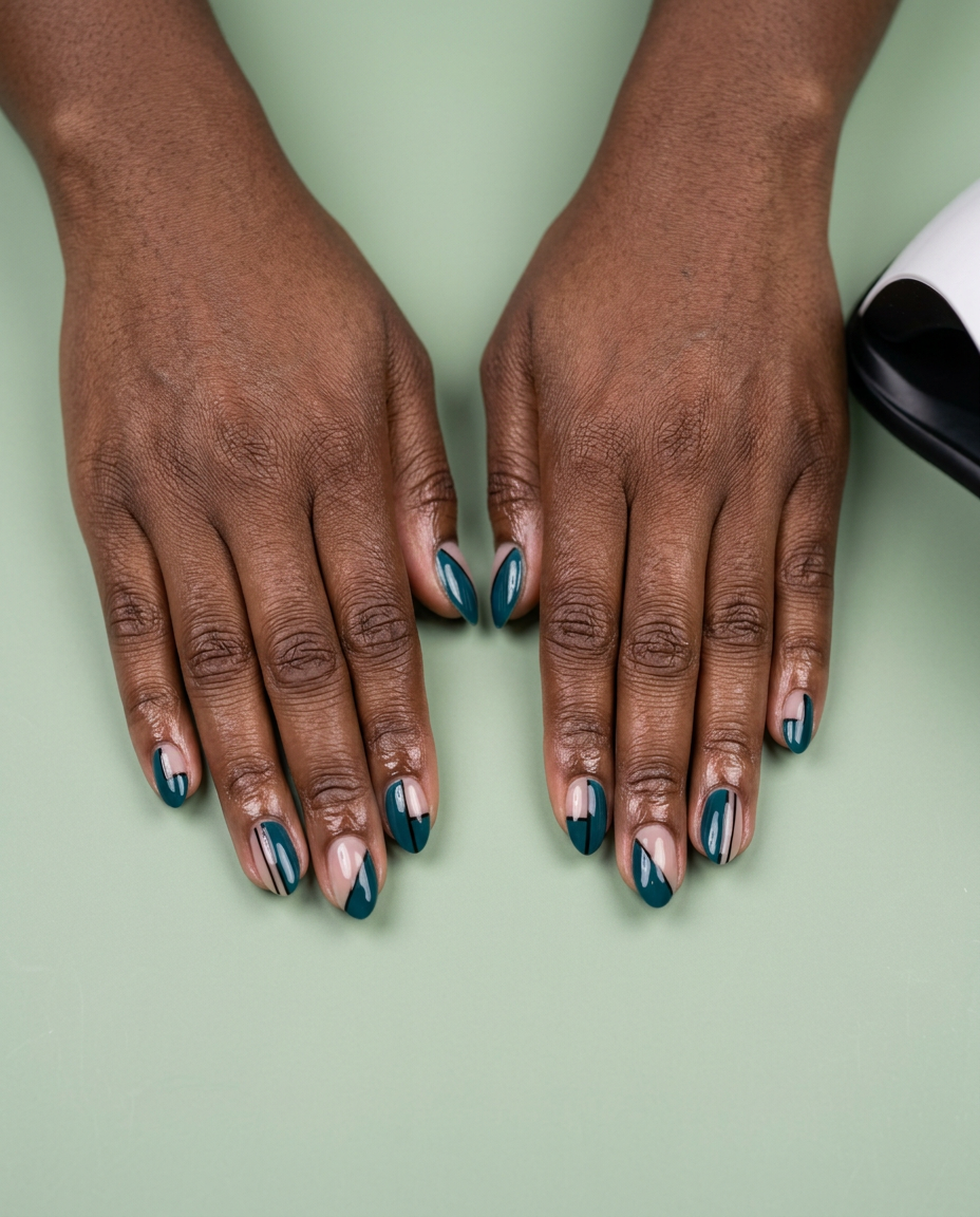 Abstract teal geometry short almond nails for dark skin 2026. Edgy, artistic design with deep teal, negative space, and black accents.