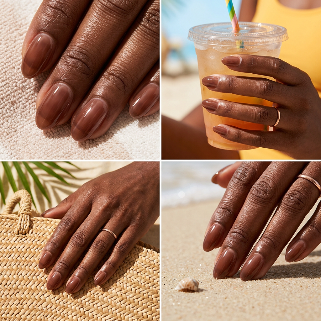 Short Summer Nails 2026: Sheer rich chocolate brown gel polish on short almond nails. Sophisticated daily wear.