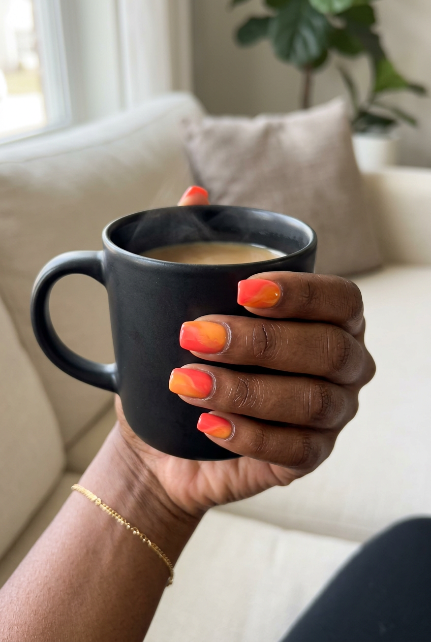 Vibrant Tropical Sunset Swirl nails for dark skin, perfect for vacation and festivals 2026.
