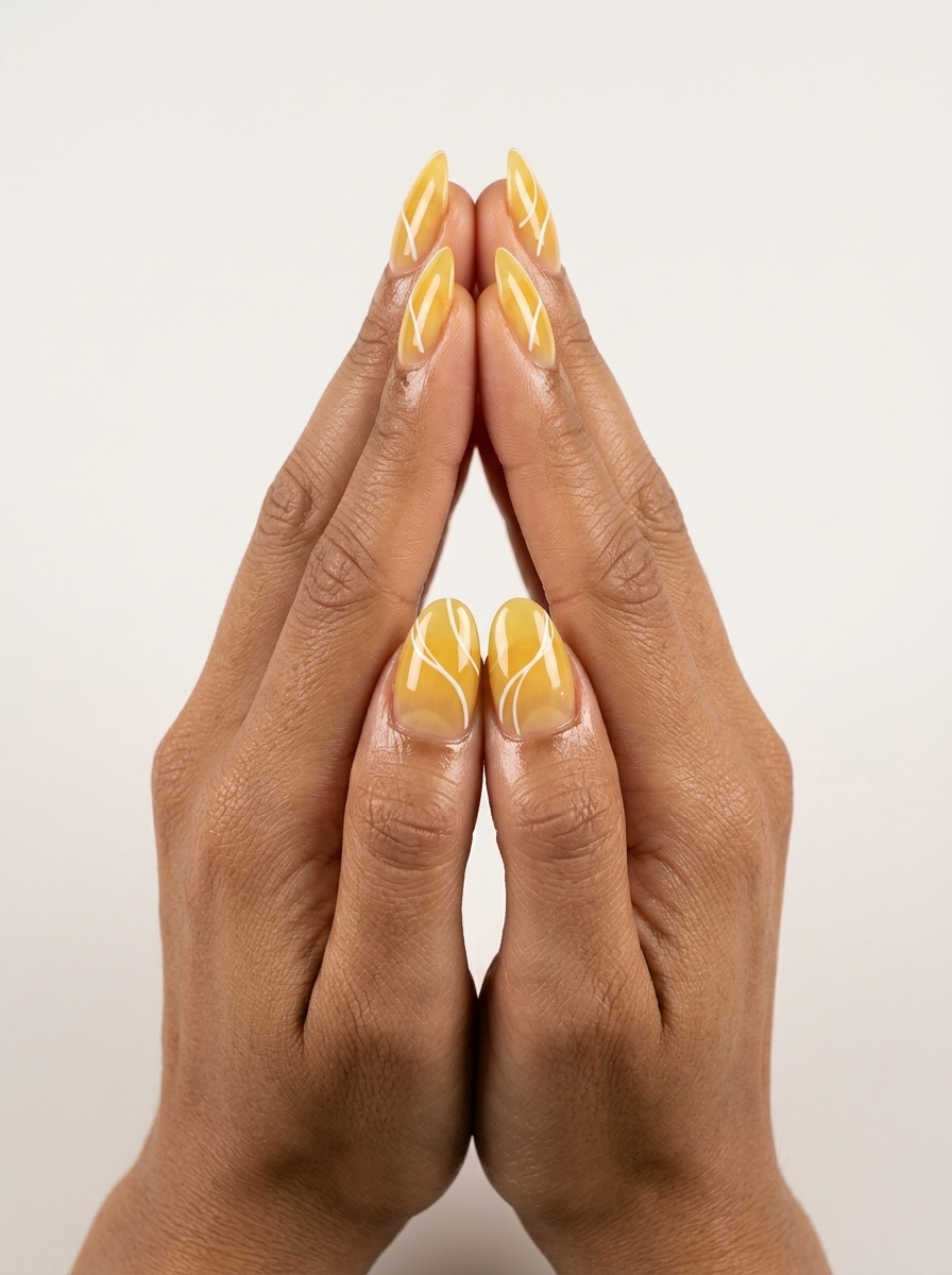 Oval summer nails 2026: Lemon jelly abstract lines for playful vacation style.