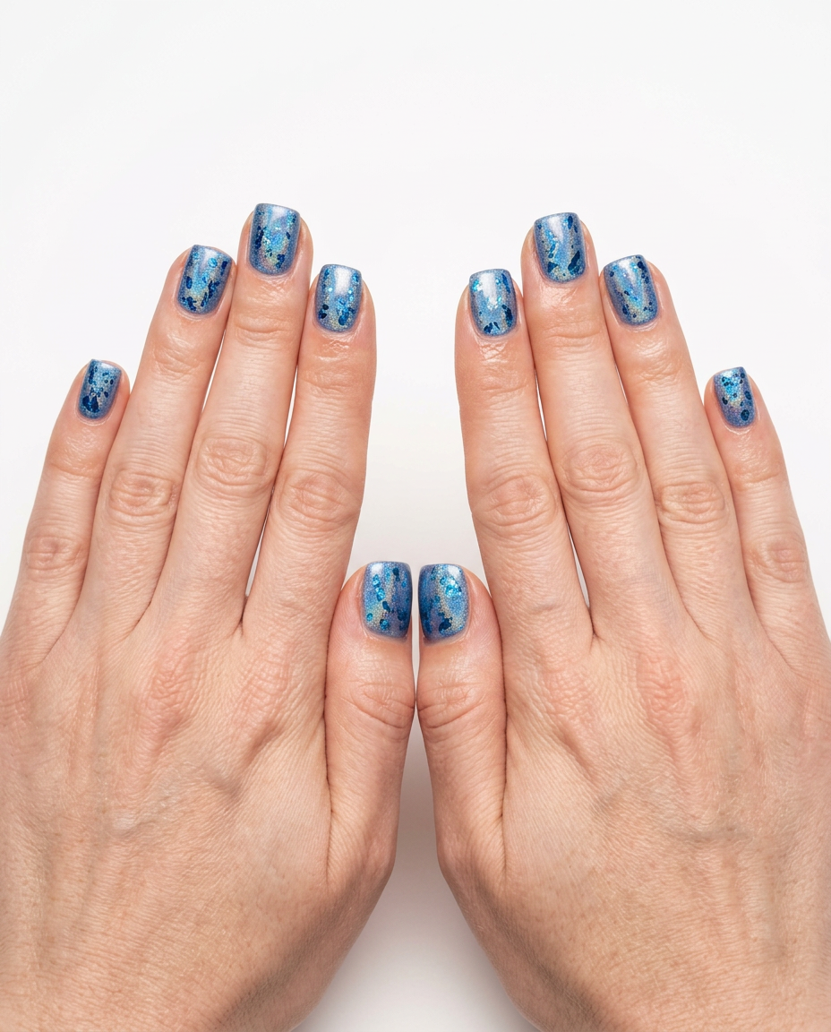 Holographic Galaxy Nails 2026: Party & Festival Style Milky white nails with holographic blue galaxy foil accents for a futuristic party look. Summer vibes nails 2026.