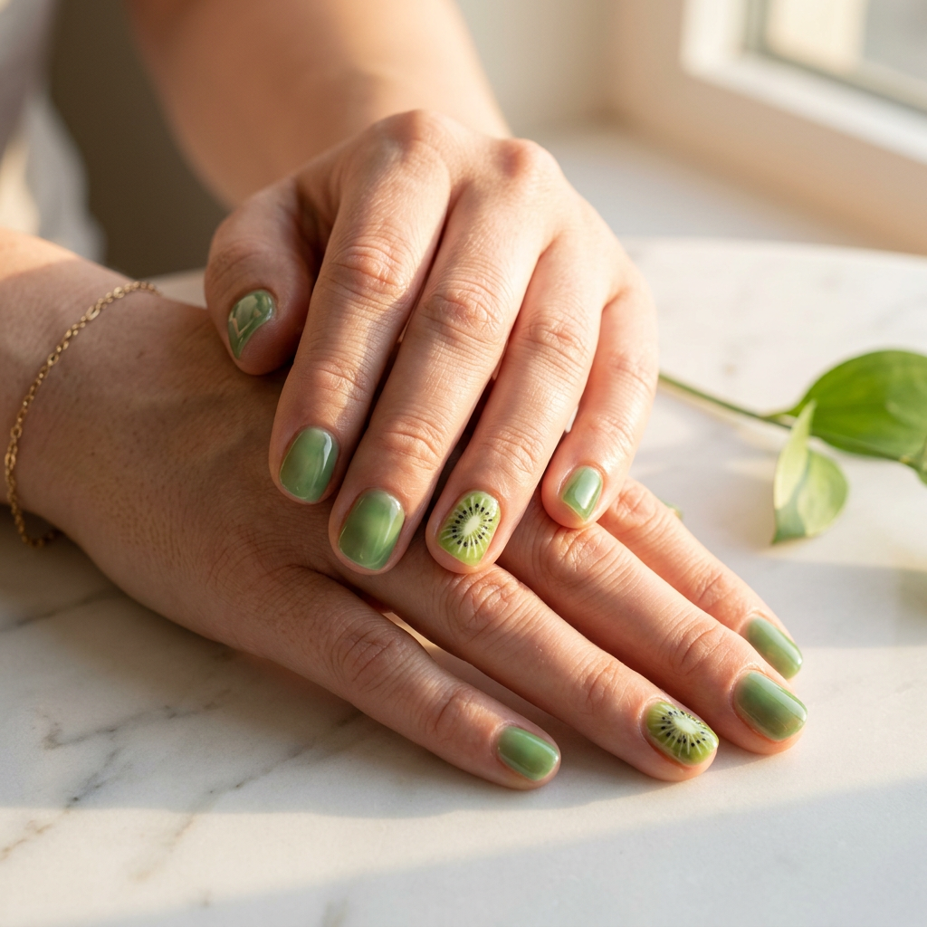 Minimalist kiwi slice accent round nails for summer fruits nail art 2026, featuring a sheer green jelly base.