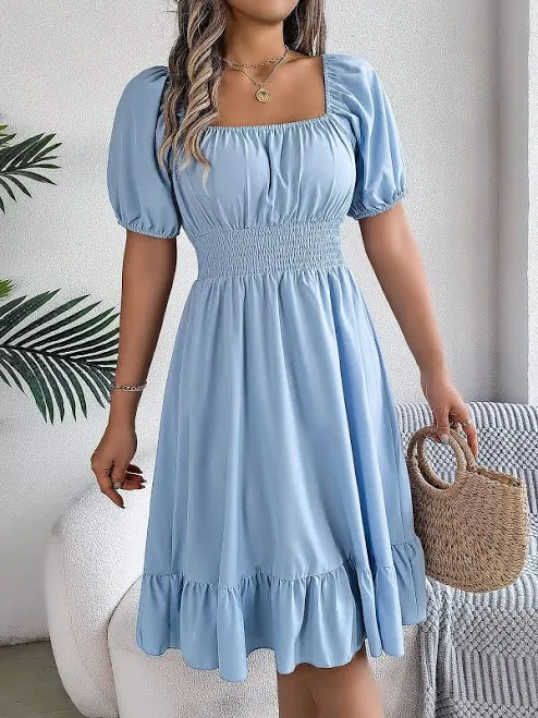 dress A-Line Silhouette Puff Sleeve Smocked Midi Wedding Dress Allegra K $37.99