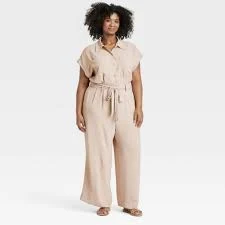 jumpsuit A New Day Women's Khaki Short Sleeve Collared Belted Wide Leg Jumpsuit Size 2X eBay $18
