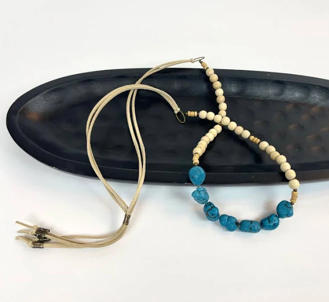 accessory Boho Leather Statement Necklace with Turquoise and Cream Wooden Beads Etsy - BevinBold $28