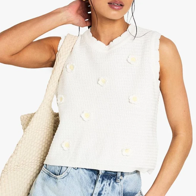 top Boohoo Floral Appliqué Crochet Knitted Top boohoo USA $22.4