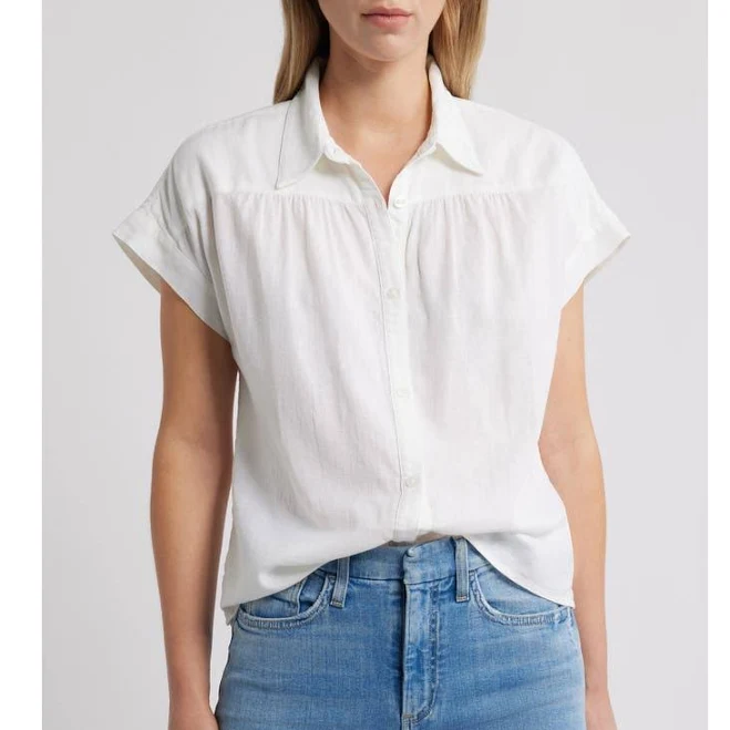 top Caslon Linen Blend Short Sleeve Button-Up Shirt Nordstrom $59.5