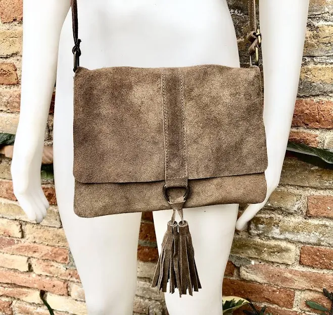 bag Cross body bag. Boho leather bag in taupe brown. Soft genuine suede leather. Crossover, messenger bag in suede. Gray - brown small bag Etsy - goodtimesbarcelona $46.35