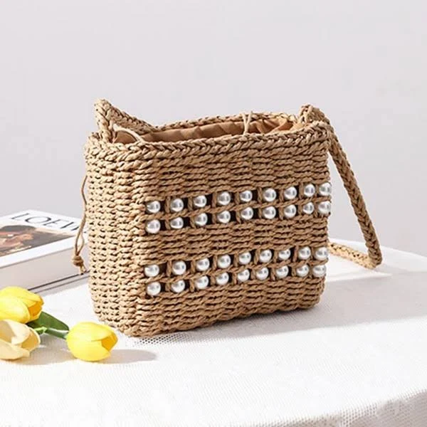 bag Drawstr Woven Straw Crossbody Bag with Pearl Bead Accents Judson & Company $20