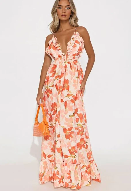 dress Fashion Nova Kyla Floral Backless Ruffle Chiffon Maxi Dress Fashion Nova $43.99