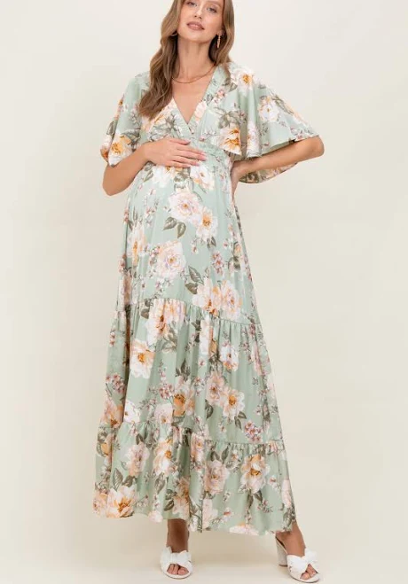 dress Floral Print Elbow Sleeve V-Neck Tiered Maxi Dress PinkBlush Maternity $67