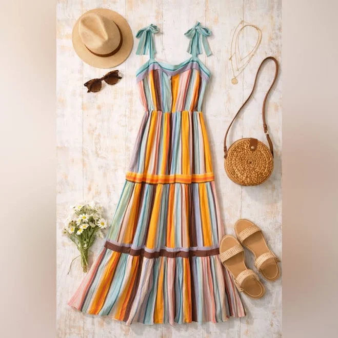 dress Fyve Dresses | Fyve Colorful Striped Maxi Dress - Coastal Spring Summer Vibes | Color: Blue/Orange | Size: M | Bluemorpho777'S Closet Poshmark $12