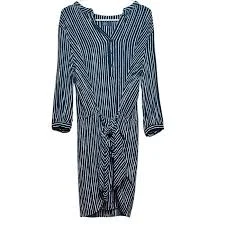 dress GAP M Navy White Vertical Stripe Wrap Dress Midi Long Sleeve V-Neck Tie Waist eBay $27.99