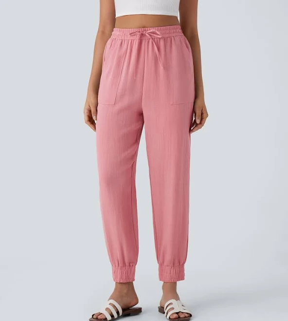 pants Halara High Waisted Drawstring Pocket Casual Linen-Feel Joggers - Rosette - M(regular) sweatpants jogger pants stacked sweatpants halara $39.95