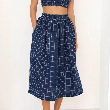 skirt High Waist Linen Gingham Midi Skirt with Pockets Etsy - Seller $110.36