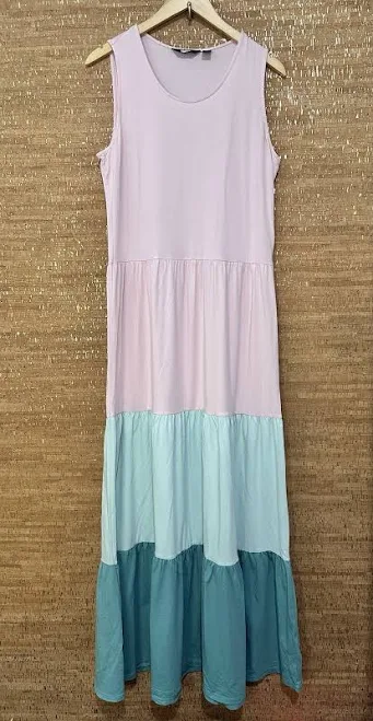 dress Lands' End Womens Tiered Maxi Dress Sleeveless Colorblock Pink Mint eBay $24.99