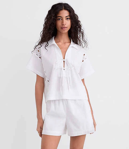 top Loft Women's Lace Eyelet Bow Poplin Shirt LOFT $33.98
