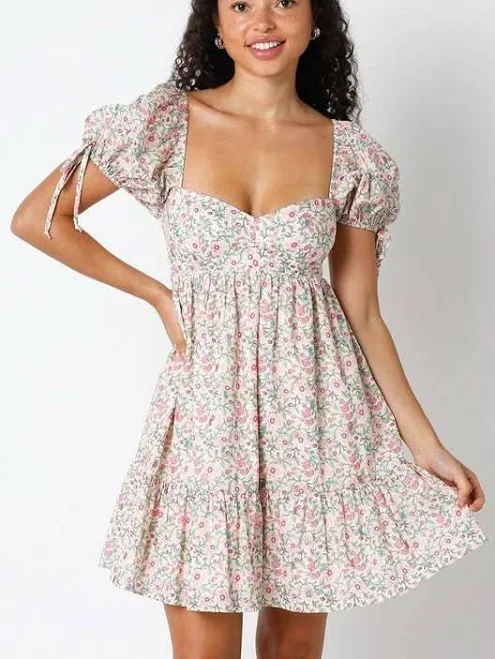 dress Olivaceous Jessie Floral Babydoll Mini Dress Boho Pink $79