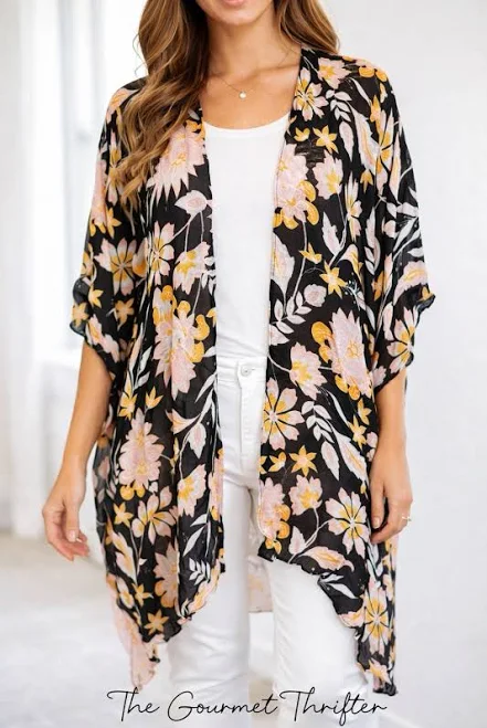 outerwear Shiraleah Chicago Floral Kimono Duster Sheer Boho Black Pink Gold S/m eBay - thegourmetthrifter $28.99