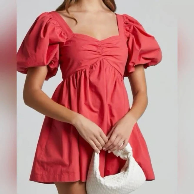 dress Showpo. Dresses | Shopo Coral Sweetheart Neckline Puff Sleeve Mini Dress 100% Cotton Size 4 | Color: Orange/Red | Size: 4 | Kristiebabbage's Closet Poshmark $25