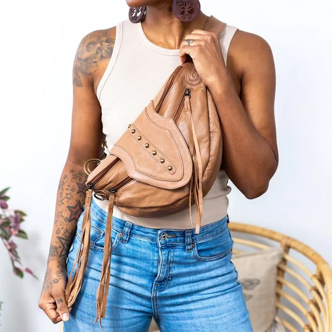 bag Vegan Leather Bum Bag Tan, Studded Tassel Waist Bag, Convertible Crossbody Handbag, Vegan Leather Arrow Bag | Tan Etsy - ForageDesign $126