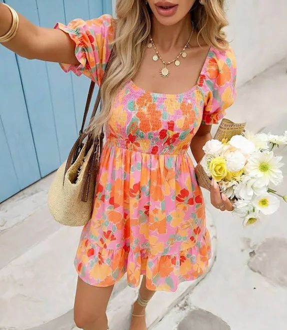dress Vivid Eden Women's Square Neck Puff Sleeve Floral Print Sundress Shein $19.59