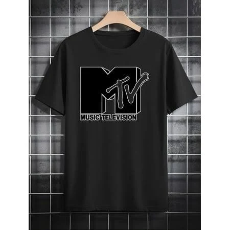 top WCCDXGP Mtv Logo Graphic Men's Casual T-Shirt - Black with White Print, 100% Breathable Summer Tee, Regular Fit Round Neck, Machine Washable, Ideal Walmart - The most perfect store $12.99