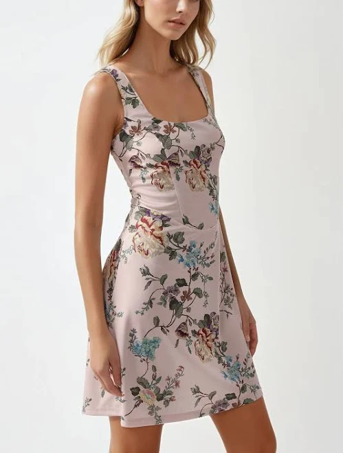 dress Women's Floral Print Bodycon Mini Dress with Square Collar Hiccup $28.5