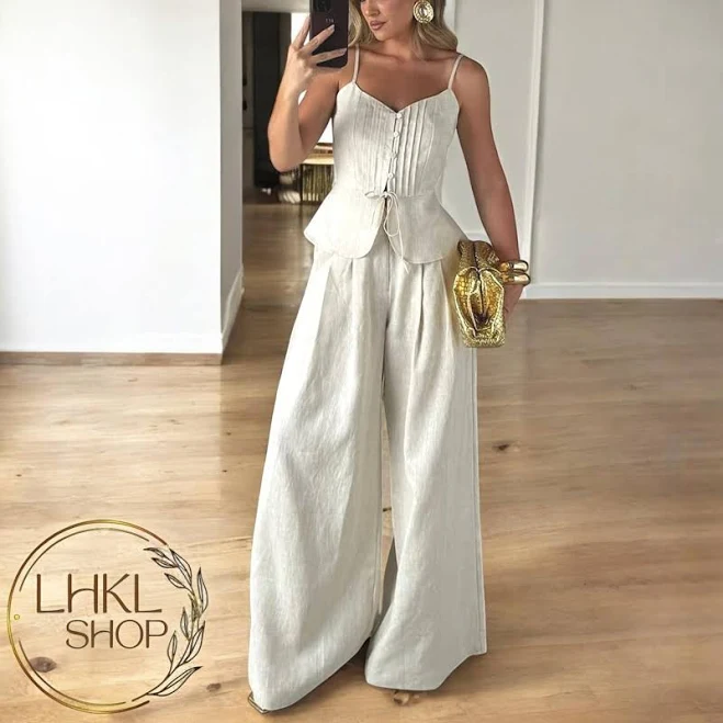 matching set Women's Linen Two Piece Set with V Neck and High Waist Pants Etsy - Seller $63.54
