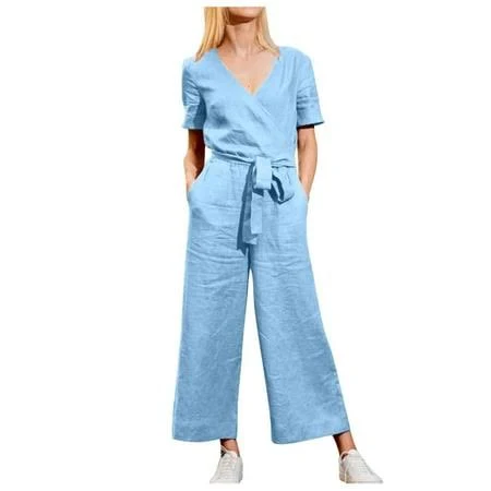 romper Women's Loose Cotton Linen Overalls with Belt Walmart - gjutow $14.99