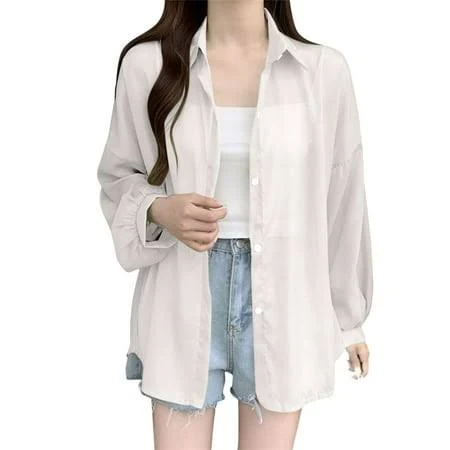 button down shirt Women's Oversized Sheer Chiffon Blouse Walmart - Vinsonshop $10.99