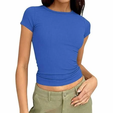 top Women's Slim Fit Ribbed Knit Crew Neck Short Sleeve Crop Top Walmart - Fashion Outfits For You $5.39