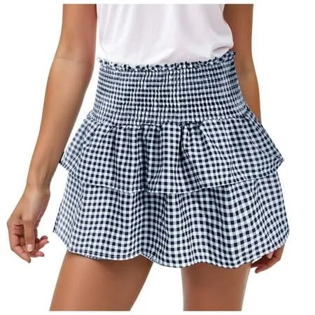 skirt Ydfcwxw Women's Gingham Mini Skirt High Waist Layered Ruffle A-Line Cake Smocked Skirts for Summer Blue, XL Walmart - KerJ $15.85