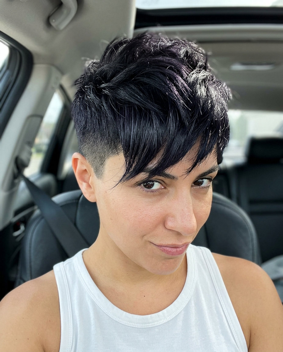 short pixie haircut with undercut, raven black color, asymmetrical fringe — edgy summer style