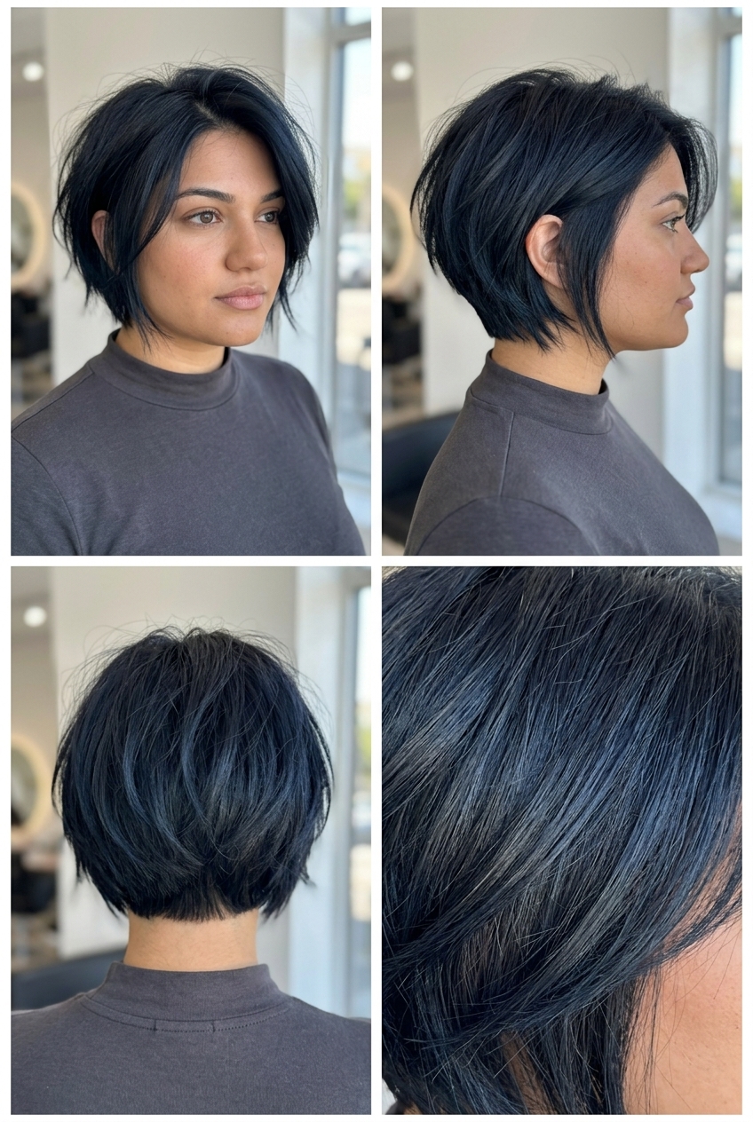 short raven brunette italian bob with blue-black undertones, razor-cut texture, no fringe — edgy night out