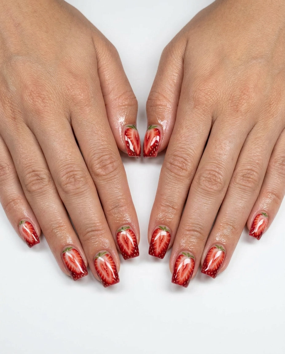 Realistic Strawberry Slice Square nails for summer parties, a glamorous and artistic summer fruits nail art 2026.