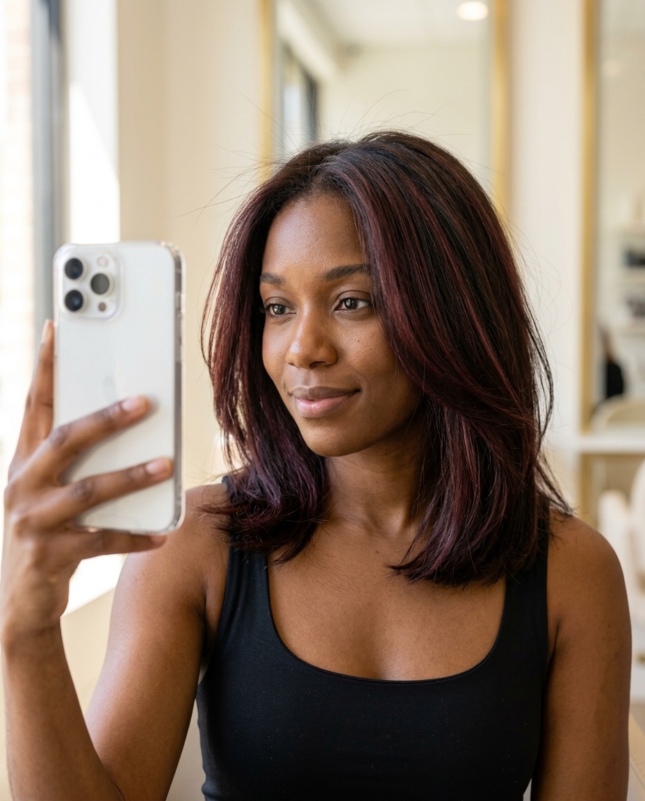 long butterfly layers highlights with deep red wine color, micro-balayage technique, no fringe — playful elegant