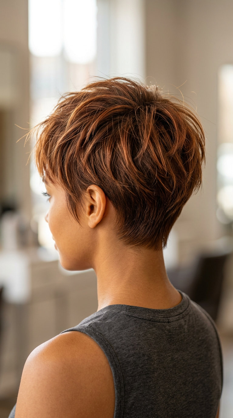 short pixie haircut with rich auburn and cinnamon midlights and feathered fringe