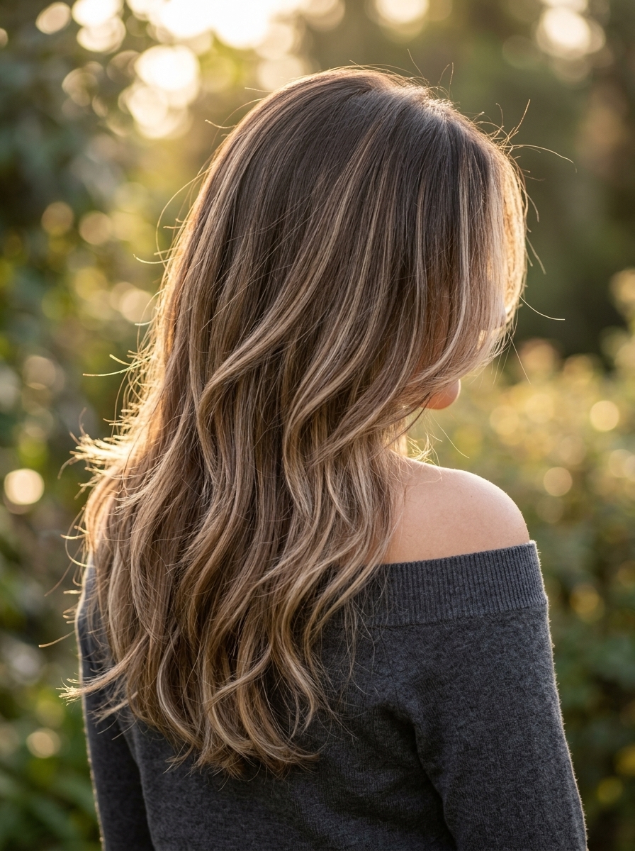 long cascading layers with rich brunette creamy hazelnut balayage, face-framing layers — romantic luxurious bohemian