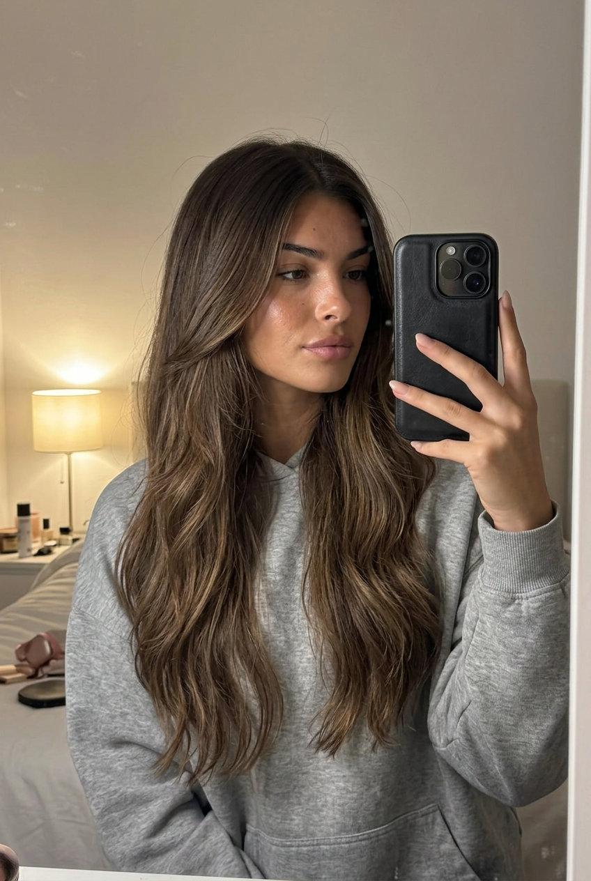 long flowing hair with rich brunette muted caramel balayage, soft face-framing layers — romantic luxurious effortless
