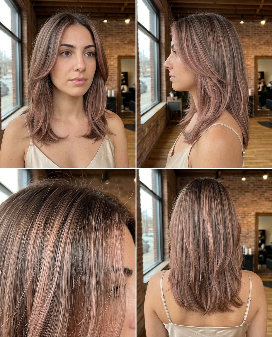 long layers muted rose gold brunette with beige highlights, soft rose gold — romantic summer look